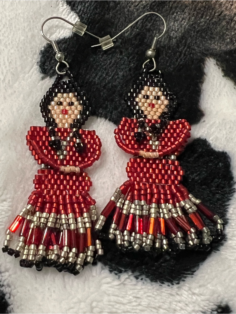 1980 Navajo  Red Beaded Doll Drop Earrings
